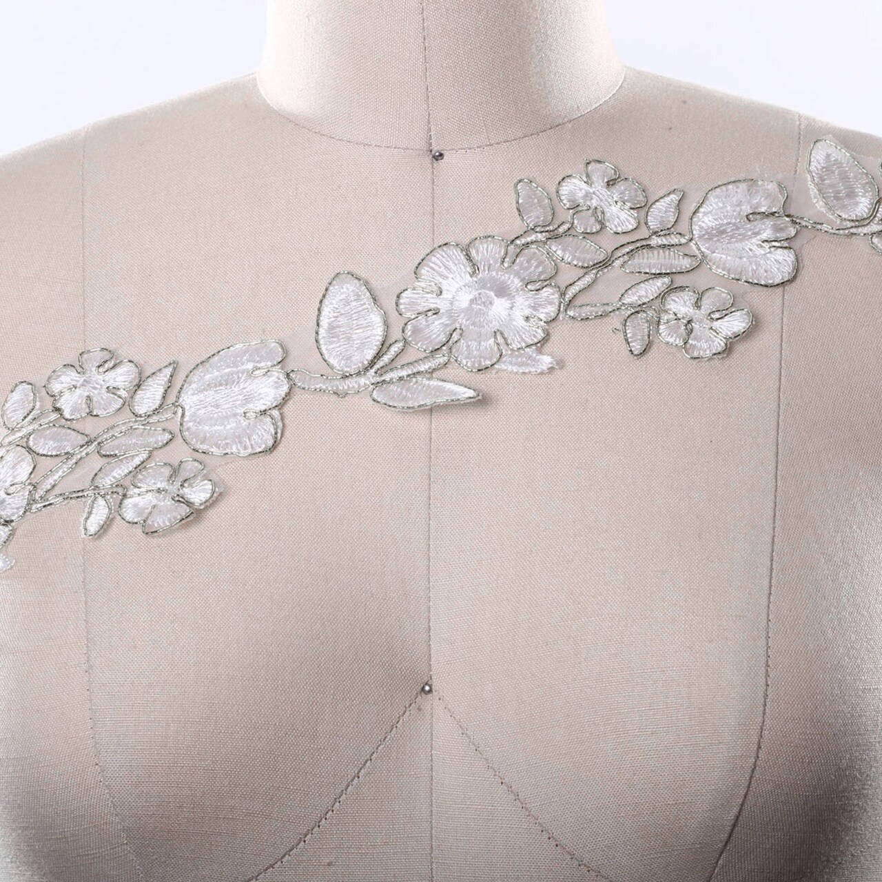 1 Yard Silver Alencon Embroidery Lace Trim With Gold Wire Embellishment Perfect For Bridal And Formal Wear